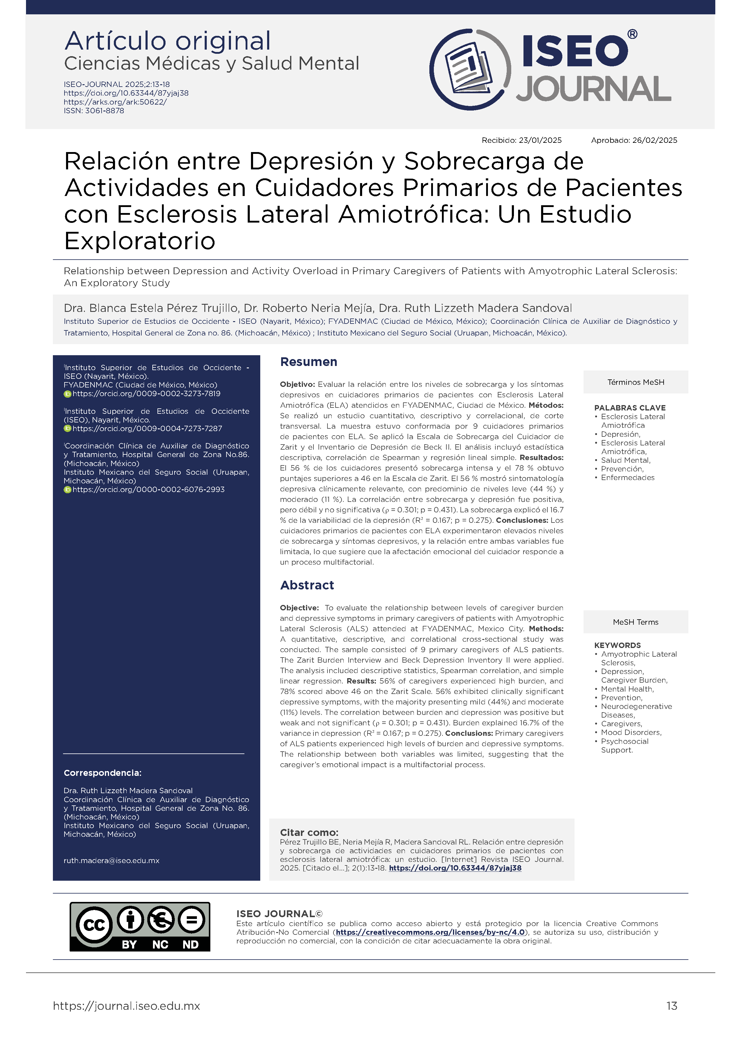 Portada de Relación entre Depresión y Sobrecarga de Actividades en Cuidadores Primarios de Pacientes con Esclerosis Lateral Amiotrófica: Un Estudio Exploratorio