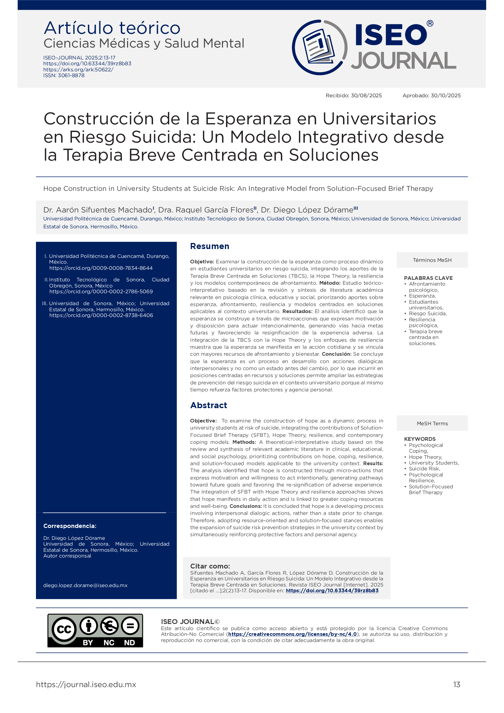 Portada Construcción de la Esperanza en Universitarios en Riesgo Suicida